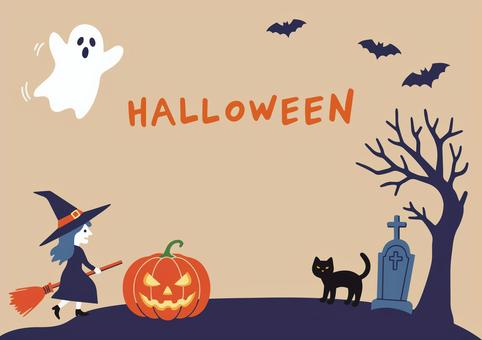 Halloweenのイラストセット、背景 ハロウィン,秋,フレーム,10月,カボチャ,魔女,黒猫,お墓,夜,木のイラスト素材