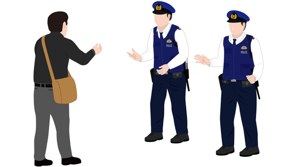 警察官　職務質問　男と話す 警察官,警察,男,不審者,職務質問,職質,話す,聞く,事情聴取,声かけのイラスト素材