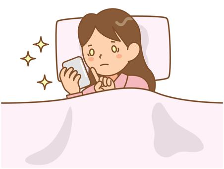 寝る前にスマホを見て目が冴える女性 寝る前にスマホを見て目が冴える女性 スマホ依存,眠れない,女性,夜更かし,スマホ,チェック,ギンギン,ネットサーフィン,sns,動画のイラスト素材