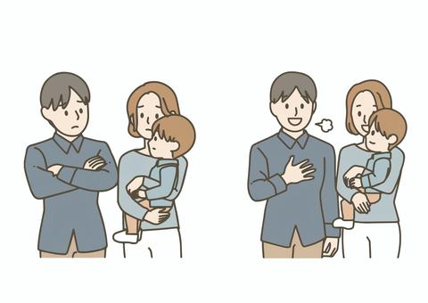 悩む家族と安心する家族 悩む家族と安心する家族 家族,夫婦,子ども,親子,悩み,安心,医療,相談,説明,理解のイラスト素材