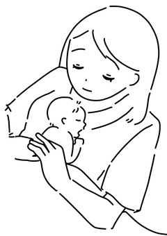 小さな赤ちゃんを胸の前で抱く女性　線画 赤ちゃん,親子,女性,母親,抱っこ,線画のイラスト素材