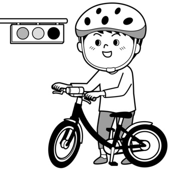 自転車で信号待ちをする男の子_モノクロ モノクロ,男の子,男子,日本人,子ども,全身,長袖,長ズボン,自転車,信号待ちのイラスト素材