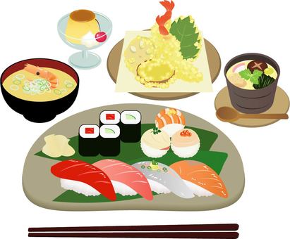 Illustration, sushi, tempura, miso soup, 