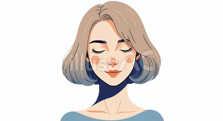 女性の顔　目を伏せている 女,青,ボブカットのイラスト素材