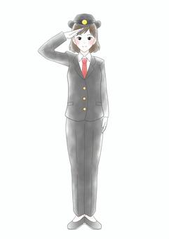 女性の駅員の水彩風イラスト 女子,女性,駅員,車掌,運転士,駅係員,鉄道,人物,1人,全身のイラスト素材