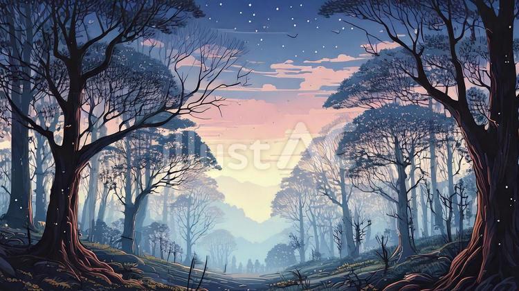 ファンタジーやゲーム風の森の背景イラスト 森,自然,ゲームのイラスト素材
