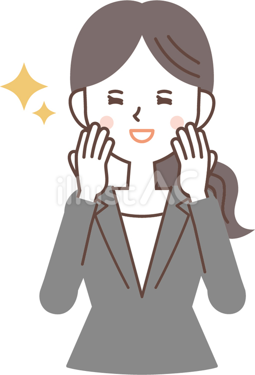 笑顔で頬に両手をあてるスーツの女性 両手,頬,喜ぶのイラスト素材