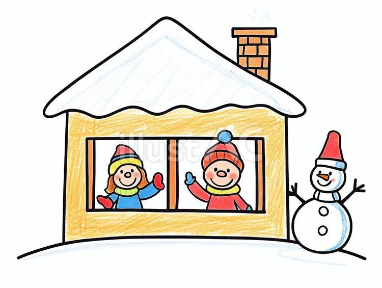 雪の日に家の窓から外を見る子どもたち10 雪,雪見,白銀のイラスト素材