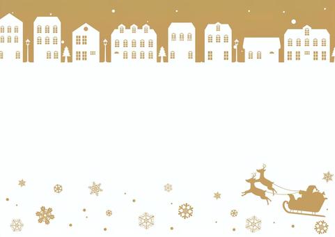 サンタクロースとゴールドのクリスマスの街 クリスマス,サンタクロース,トナカイ,そり,雪,結晶,街,家,街灯,木のイラスト素材