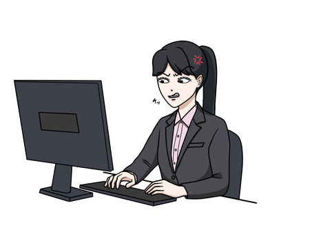 パソコン操作にイライラするスーツ女性 パソコン,操作,ミス,イラつく,スーツ,男性,舌打ち,ビジネス,デスクトップ,pc作業のイラスト素材