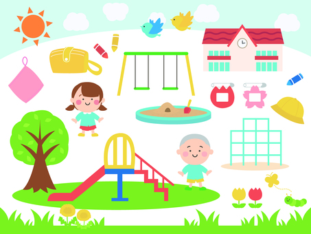 保育園のイラスト素材セット 保育園,幼稚園,こども,キッズ,乳児,乳幼児,幼児,公園,遊具,ブランコのイラスト素材