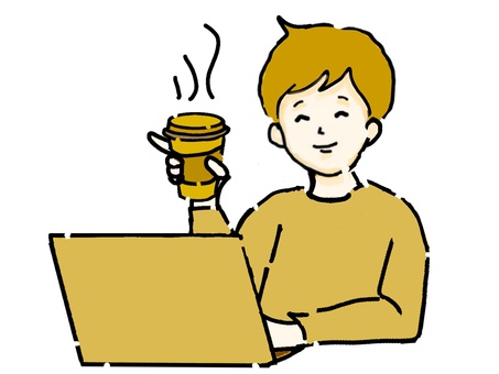 珈琲片手にパソコン作業を行うy若い男性①