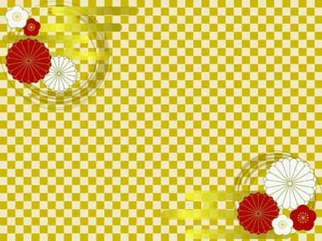 梅と菊の花の和柄背景（金＆白背景） 和柄,市松模様,年賀状,梅,菊,霞文様,毛筆,正月,金,紅白のイラスト素材
