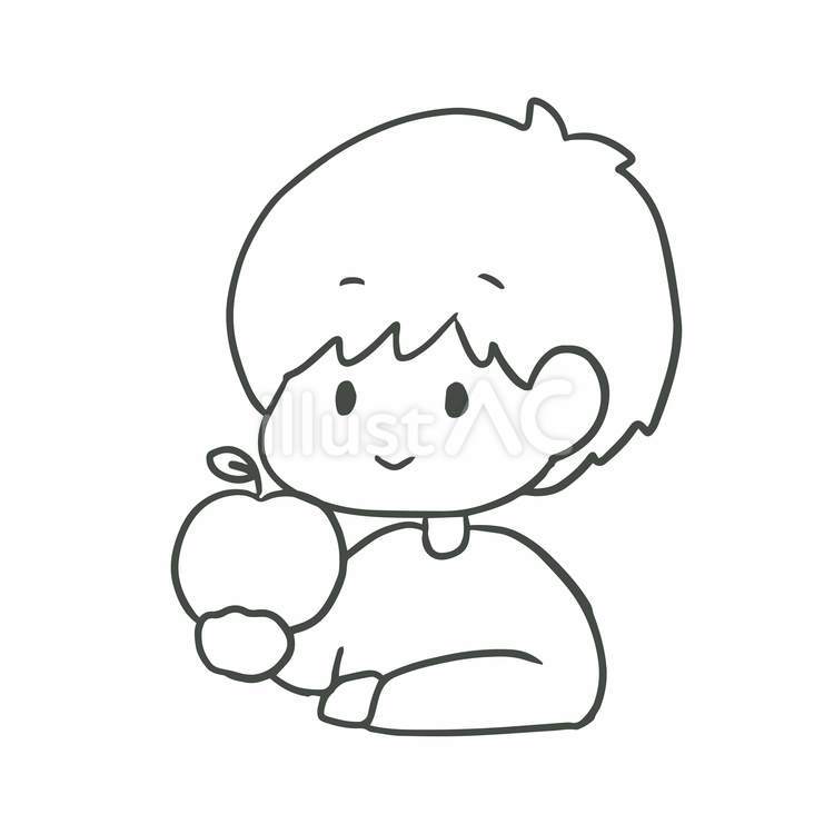 りんごを持った男の子_線画 りんご,男の子,持つのイラスト素材