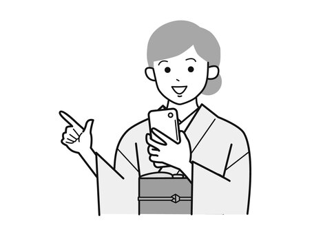 スマホと指差しで話す着物女性A左向／白黒 指差し,スマホ,話す,女性,お母さん,着物,講師,20代,30代,40代のイラスト素材