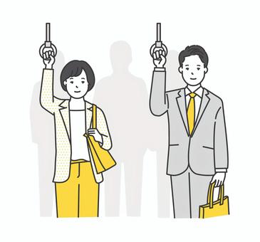 電車でつり革につかまるビジネスパーソン つり革,電車,人物,イラスト,ビジネスマン,ビジネスウーマン,ビジネスパーソン,会社員,通勤,車内のイラスト素材