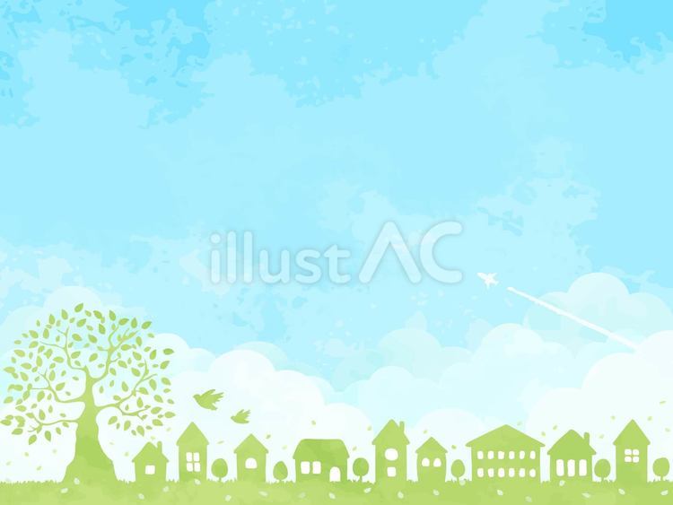 緑豊かな街並みと青空の風景イラスト 可愛い,緑,背景のイラスト素材