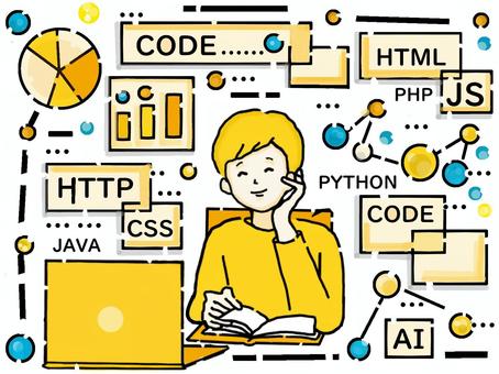プログラミング言語に囲まれる男性 プログラミング,プログラマー,システムエンジニア,男性,人物,人,http,html,css,jsのイラスト素材