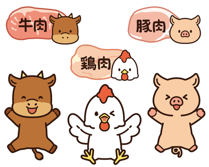 それぞれのお肉と可愛く元気な鶏・豚・牛 フレーム,鶏,豚,牛,肉,家畜,枠,飾り枠,スーパー,チラシのイラスト素材