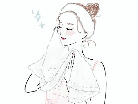 タオルで顔を拭くヘアバンドの女性 女性,タオル,スキンケア,ヘアバンド,洗顔,風呂,美容,顔,手,さっぱりのイラスト素材