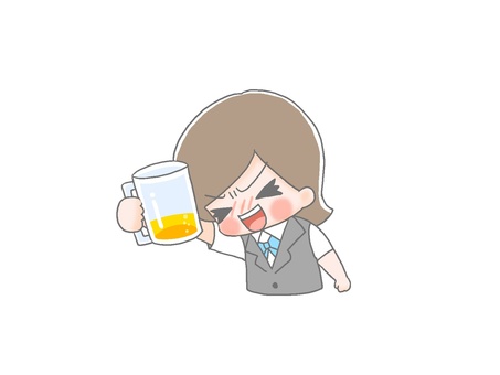 ぷはー　女性会社員２ 手描き,女性,茶髪,会社員,ol,ビール,飲み会,新年会,忘年会,打ち上げのイラスト素材
