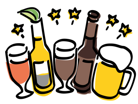 ビールで乾杯_色ズレゆるい絵　クラフト等 ビール,生,ジョッキ,クラフトビール,泡,レッドアイ,コロナボール,手書き,手描き,ゆるいのイラスト素材