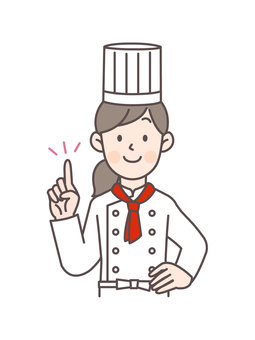 腰に手を当てて指差しする女性コックさん パティシエ,コック,料理人,厨房,スタッフ,調理スタッフ,パティシエール,女性,人物,洋菓子屋のイラスト素材