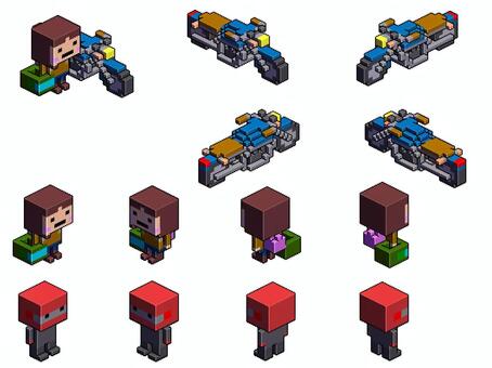 ボクセル×ドット　街シリーズ　バイク ボクセル,セット,ドット絵,バイク,ライダー,ヘルメット,セット素材,ピクセルアート,レトロゲーム風,8bit風のイラスト素材