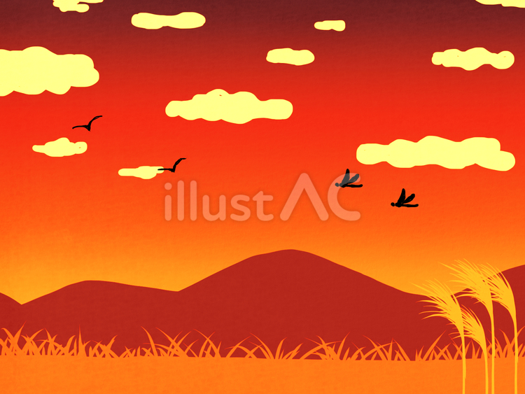 夕焼けのすすきのある山の風景 夕焼け,秋,すすきのイラスト素材