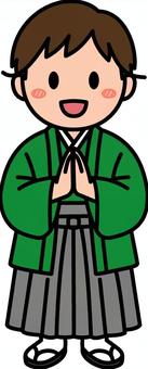 緑の羽織袴の男子です。 羽織,袴,男子,シンプル,和装,和服,成人式,卒業式,コスチューム,着物のイラスト素材