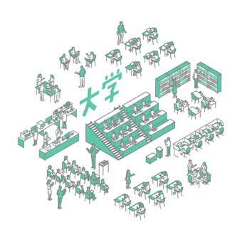 大学生活のイラスト 大学,講義,学生,勉強,図書館のイラスト素材