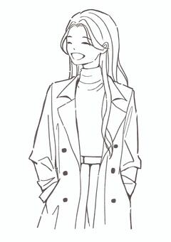 秋服の笑顔の女性のイラスト　線画 女性,女子,女の人,女,大人,人物,秋,冬,トレンチコート,上半身のイラスト素材