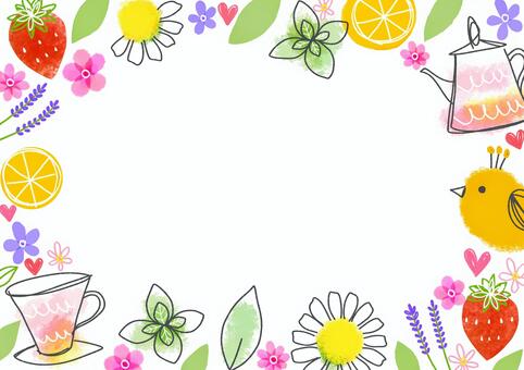花やかなハーブティー ハーブティー,ハーブ,フルーツ,花,フレーム,背景,手書き,かわいいのイラスト素材