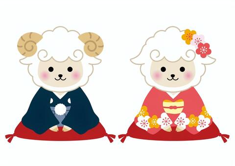袴と着物の未年（ひつじ）イラスト 未,羊,ひつじ,年賀状,十二支,正月,干支,ヒツジ,挨拶,新年の挨拶のイラスト素材