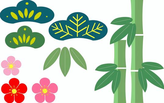 松竹梅のベクターイラストセット 松竹梅,松,竹,梅,花,植物,縁起物,年賀,年始,おめでたいのイラスト素材