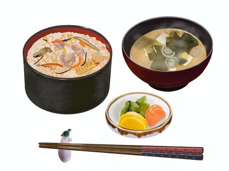 炊き込みご飯とみそ汁セット（漬物付き）2 炊き込みご飯,みそ汁,味噌汁,食べ物,和食,日本食,伝統食,日本,ごはん,朝食のイラスト素材