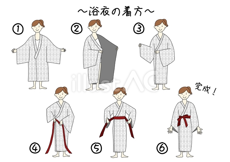 旅館浴衣の着方（女性　柄浴衣） 女性,浴衣,夏のイラスト素材
