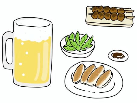 おつまみセット ビール,餃子,枝豆,焼鳥,手書き,食べ物のイラスト素材