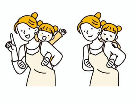 女の子をおんぶするお母さん　セット 親子,女の子,子ども,おんぶ,お母さん,指差し,寝かしつけ,女性,楽しい,にっこりのイラスト素材