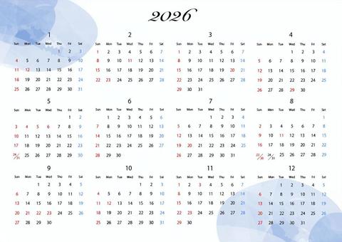 淡い藍色の水彩2026年の年間カレンダー 淡い藍色の水彩2026年の年間カレンダー 年間,カレンダー,水彩,おしゃれ,かわいい,2026年,淡い,藍色のイラスト素材
