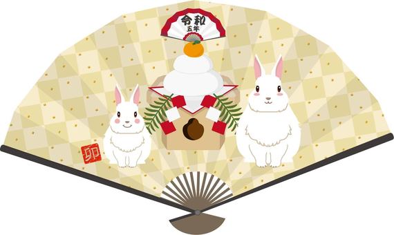 年賀用　扇子　うさぎと鏡餅　