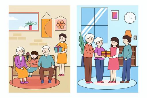 敬老の日の面会 敬老の日,9月の第3月曜日,9月,秋,年中行事,祖父,祖母,大人,子ども,椅子のイラスト素材