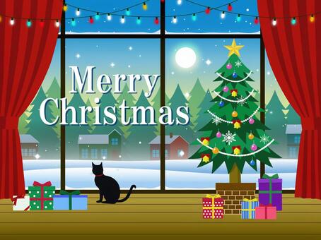 静かなクリスマスの朝（室内） クリスマス,クリスマスツリー,クリスマスプレゼント,冬,もみの木,猫,冬景色,室内,窓,雪景色のイラスト素材
