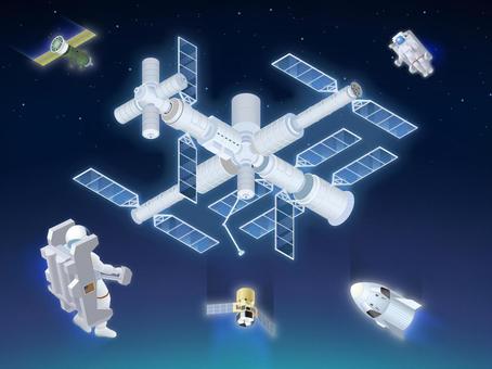アイソメ乗り物イラスト_宇宙ステーション 宇宙,宇宙ステーション,宇宙機,宇宙飛行士,宇宙船,無人宇宙補給機,ソユーズ,htv-x,クルードラゴン,船外活動のイラスト素材