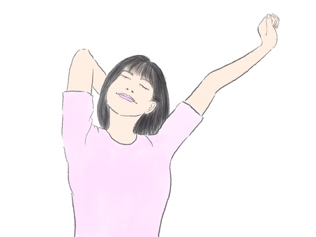 朝のストレッチをする女性 ストレッチ,朝,起床,リラックス,リフレッシュ,女性,笑顔,伸び,休日,健康のイラスト素材