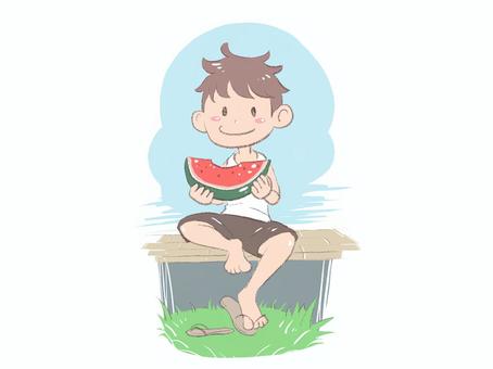 삽화, 여름 방학, 수박, 젊은, 