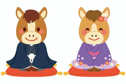 新年の挨拶をする着物姿の可愛い馬たち 年賀状,馬,午年,2026年,お正月,干支,十二支,1月,冬,新年のイラスト素材