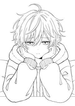 頬杖をつく男の子 人物,少年,塗り絵,ぬり絵,ぬりえ,線画,白黒,手書き,男の子,頬杖のイラスト素材