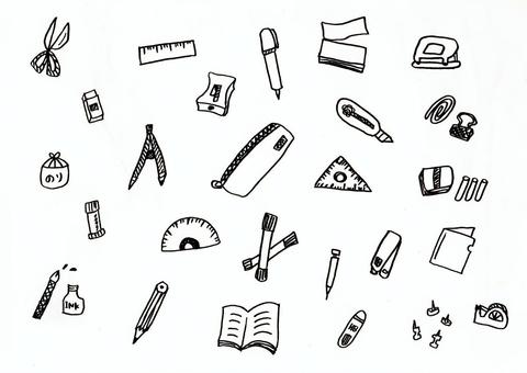 文房具 ものさし,はさみ,消しゴム,のり,コンパス,ペン,鉛筆削り,カッター,パンチ,文房具のイラスト素材