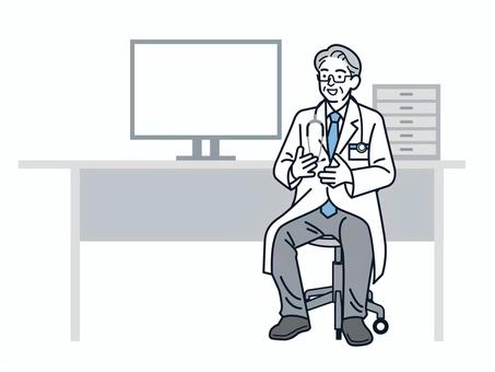 デスクで説明するベテラン男性医師 医師,男性医師,年配,ベテラン,デスク,説明,手を添える,動作,笑顔,案内のイラスト素材